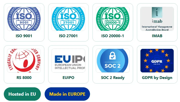 Certificări VOGO: ISO 9001, ISO 27001, ISO 20000-1, IMAB, RS 8000, EUIPO, SOC 2 Ready, GDPR by Design, Hosted in EU, Made in Europe