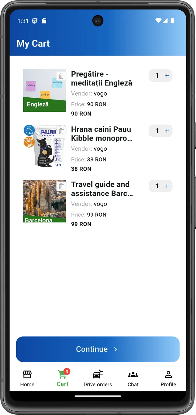 Aplicație mobilă VOGO — coș cumpărături