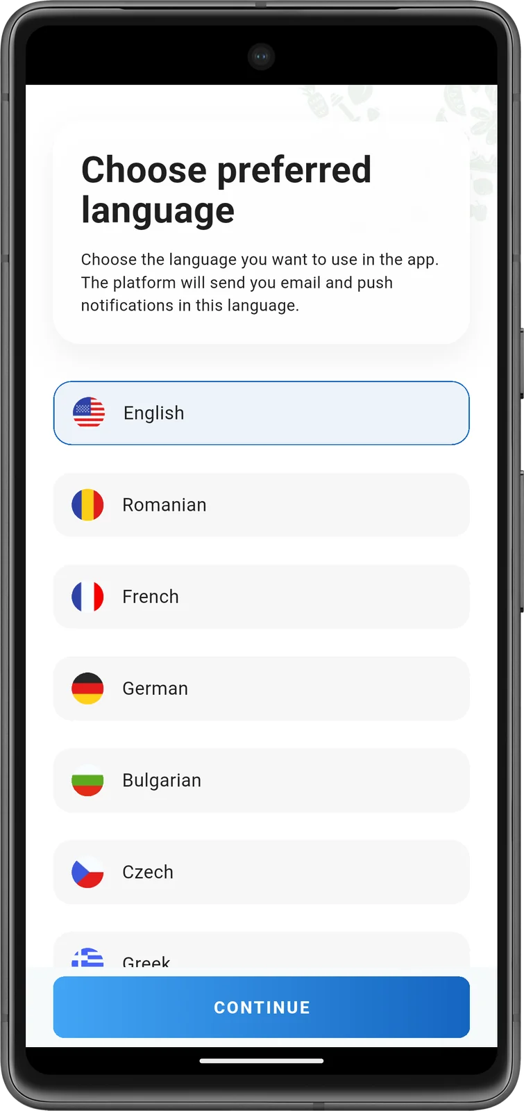 Aplicație mobilă VOGO — selectare limbă